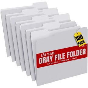 1InTheOffice Gray File Folders, File Folders Letter Size, Filing Folders, 1/3 Cut Tab, 100 Pack