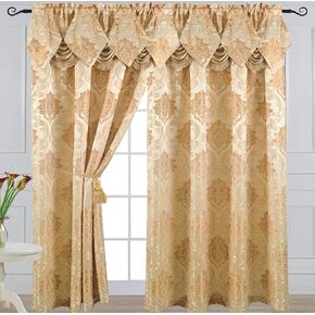 Luxury Jacquard Curtain Panel with Attached Waterfall Valance, 54 by 84-Inch Angelina Burgundy