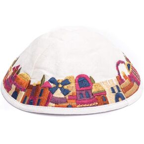 White Embroidered Jerusalem Design Kippah