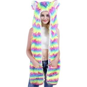 Unisex 3 in 1 Winter Thermal Plush Earflap Hooded Hat Scarf Pocket Gloves Set Faux Fur Windproof Animal Themed Costume Hat