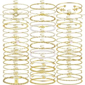 50 Pcs Boho Gold Chain Bracelets Set for Women Girls Dainty Gold Bracelet Set Plated Charm Bracelet for Women Paperclip Stake Adjustable Layered Link Bracelets for Women Gift