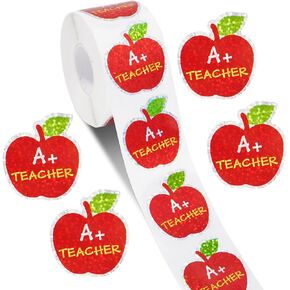 600Pcs Teacher Appreciation Stickers Roll Apples Shaped A+ Thank You Teacher Incentive Laser Stickers Positive Affirmation Label Decals for Gift Wrap Box Cards Envelope Party Favors