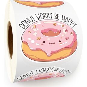 بكرة ملصقات Pink Donut Worry Be Happy، ملصقات بريد سعيد لطيفة، ملصقات مصنوعة يدويًا، ملصقات مغلفات للأعمال الصغيرة، ملصقات دونات مضحكة - 500 قطعة