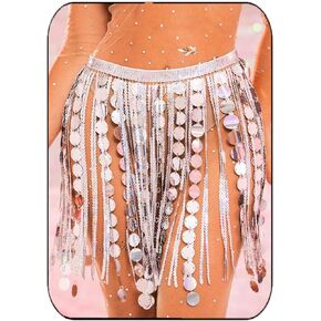 Aukmla Women Sparkly Sequin Belly Dance Skirt Fringe Festival Hip Scarf Dots Tassel Skirts