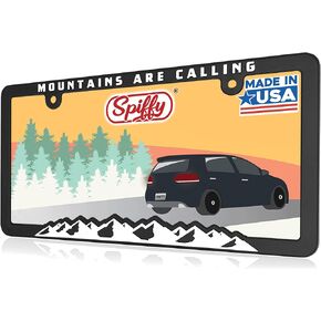 Spiffy Mountain Plate Frame License Tag Holder Bracket | Mountains are Calling for Overlanding | Raised Lettering | Made in The USA | Great Gift for Hiking and Outdoor Lovers