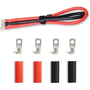 6 AWG Gauge Duty Battery Cables, 4 Pcs 1/4 inch Lugs, 4 Pcs Shink Tubing, 5/16 inch Terminals lugs, Tinned Copper 1.5 Ft Red&Black Power Inverter Jummper for Solar,RV,Auto,Marine,Car