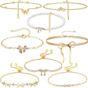 Myofeng 8 Pcs Chain Bow Bracelets for Women, Charm Statement Ribbon Link Dainty Bow Bracelets Stake Adjustable Layered Bracelet Set Hypoallergen Gold Bow Jewelry，Paired with Bow Earrings Set,Replaceable Bow Anklets in Saudi Arabia