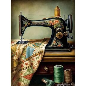 IPISSOI Sewing Room Diamond Painting, Vintage Sewing Machine DIY Diamond Art Kits, Diamond Painting Full Drill by Number Cross Stitch Kits for Beginners, for Home Decor Office Decor Gifts 12X16in