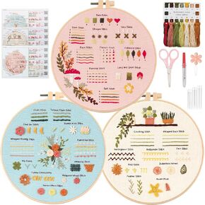 UXORSN 3 Sets Embroidery Kit for Beginners Adults Learn 28 Different Stitches Cross Stitch Starter Kits Including Fabric with Stamped Flower Pattern Threads Needles Hoop and Video Tutorials