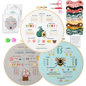 Embroidery Kit for Beginners Adults: 3 Embroidery Kit, Includes Stamped Patterns, Hoop, Needles and Color Threads, Full Range Accessories, Cross Stitch Kit Easy to Follow Instruction and Video