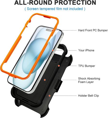 for Defender Phone Case iPhone 15 Case with Belt Clip, for Shockproof iPhone 15 Case Heavy Duty Rugged, 2 Layers of Sturdy for iPhone 15 Cases, Military-Grade Cover for iPhone 15 Case Black & Orange in Kuwait