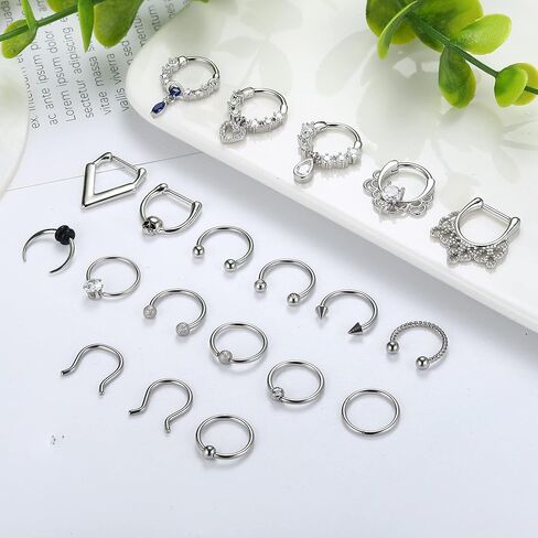 SAILIMUE 20 Pcs 16G Septum Rings For Women Men Hypoallergenic Surgical Steel Dangle Clicker Nose Rings Hoop CZ Horseshoe Lip Rings Helix Daith Cartilage Piercing Septum Jewelry in Saudi Arabia