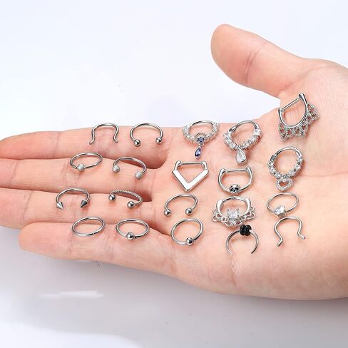 SAILIMUE 20 Pcs 16G Septum Rings For Women Men Hypoallergenic Surgical Steel Dangle Clicker Nose Rings Hoop CZ Horseshoe Lip Rings Helix Daith Cartilage Piercing Septum Jewelry in Saudi Arabia