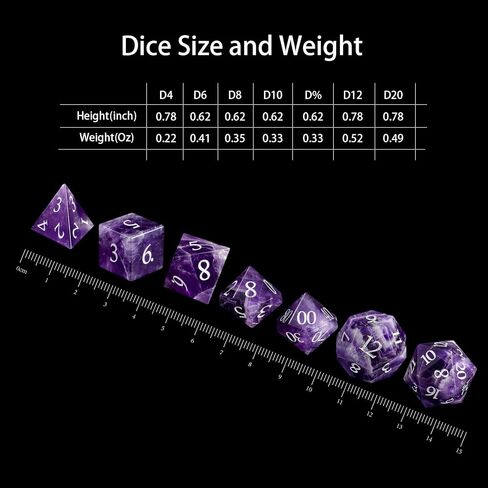 مجموعة نرد كريستال الجمشت DND، 7 قطع نرد D&D من الأحجار الكريمة للأبراج المحصنة والتنين، نرد فريد مع حافظة لألعاب RPG (الخط الفضي) in Kuwait