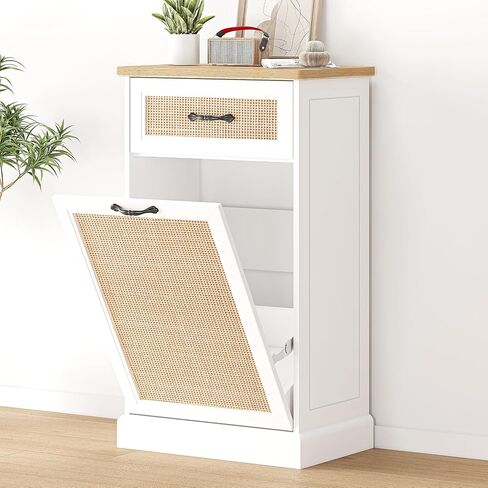 Tilt Out Trash Cabinet with Natural Rattan, Hidden Trash Can Cabinet 10 Gallon Trash Holder, Free Standing Pet-Proof Garbage Can Cabinet for Kitchen Dining Living Room in Saudi Arabia