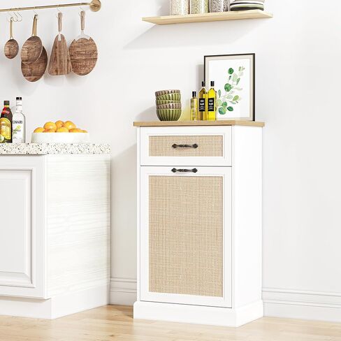 Tilt Out Trash Cabinet with Natural Rattan, Hidden Trash Can Cabinet 10 Gallon Trash Holder, Free Standing Pet-Proof Garbage Can Cabinet for Kitchen Dining Living Room in Saudi Arabia