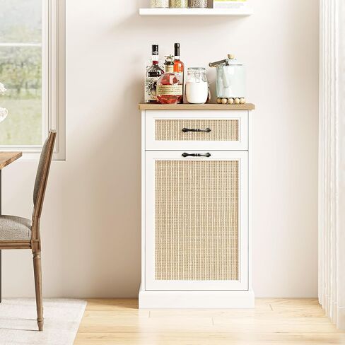 Tilt Out Trash Cabinet with Natural Rattan, Hidden Trash Can Cabinet 10 Gallon Trash Holder, Free Standing Pet-Proof Garbage Can Cabinet for Kitchen Dining Living Room in Saudi Arabia