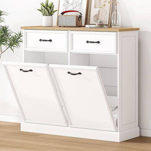 Tilt Out Trash Cabinet with Natural Rattan, Hidden Trash Can Cabinet 10 Gallon Trash Holder, Free Standing Pet-Proof Garbage Can Cabinet for Kitchen Dining Living Room in Saudi Arabia