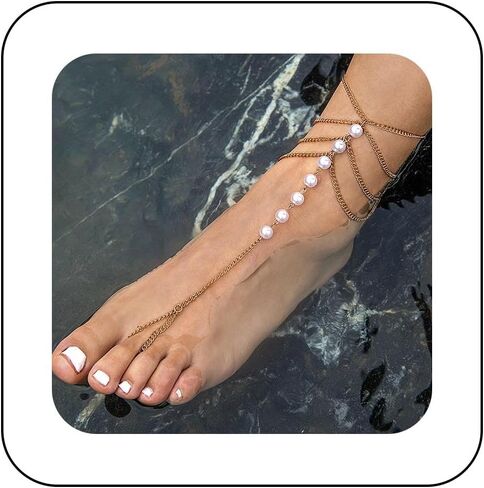 Vintage Layered Pearl Barefoot Sandals Chain Pearl Toe Ring Ankle Bracelet Gold Layering Tassel Chain Anklet Bracelet Summer Pearl Foot Chain Beach Foot Anklet Chain Jewellery for Women and Girls in Kuwait