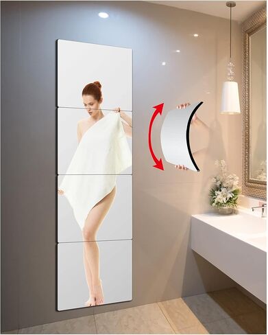 بلاط مرآة كامل الطول مقاوم للكسر، مرآة للجدار، مرآة لكامل الجسم للأطفال، 4 قطع مقاس 10 × 10 بوصة، مصنوعة من بلاستيك أكريليك شبكي بدون إطار، مثبتة على الحائط لصالة الألعاب الرياضية المنزلية والحمام والباب in Kuwait