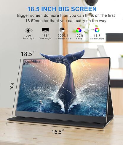 شاشة محمولة مقاس 18.5 بوصة لأجهزة الكمبيوتر المحمول، شاشة FHD 1080P 100% sRGB أثناء السفر لأجهزة الكمبيوتر المحمول، شاشة كمبيوتر محمول IPS مع VESA، شاشة خارجية USB-C HDR HDMI شاشة محمولة مع غطاء ذكي ومكبرات صوت in Kuwait