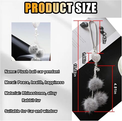 Glamorous Bling Car Accessories Diamond Heart & Fluffy Ball Charm for Women - Crystal Rhinestone Car Rear View Mirror Charm Lucky Car Mirror Hanging Ornament Pendant Decor, Valentine's Day Gifts in Saudi Arabia