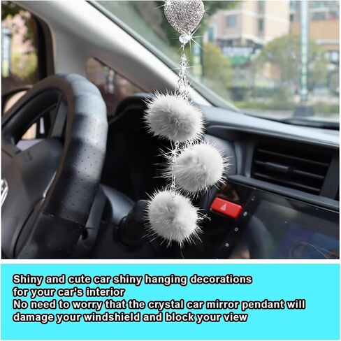 Glamorous Bling Car Accessories Diamond Heart & Fluffy Ball Charm for Women - Crystal Rhinestone Car Rear View Mirror Charm Lucky Car Mirror Hanging Ornament Pendant Decor, Valentine's Day Gifts in Saudi Arabia