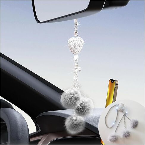 Glamorous Bling Car Accessories Diamond Heart & Fluffy Ball Charm for Women - Crystal Rhinestone Car Rear View Mirror Charm Lucky Car Mirror Hanging Ornament Pendant Decor, Valentine's Day Gifts in Saudi Arabia