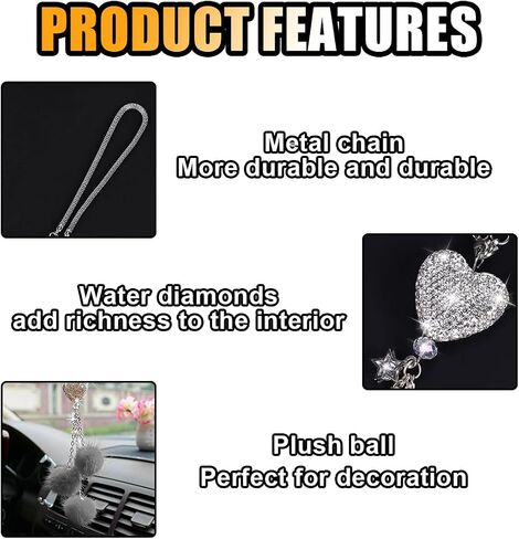 Glamorous Bling Car Accessories Diamond Heart & Fluffy Ball Charm for Women - Crystal Rhinestone Car Rear View Mirror Charm Lucky Car Mirror Hanging Ornament Pendant Decor, Valentine's Day Gifts in Saudi Arabia
