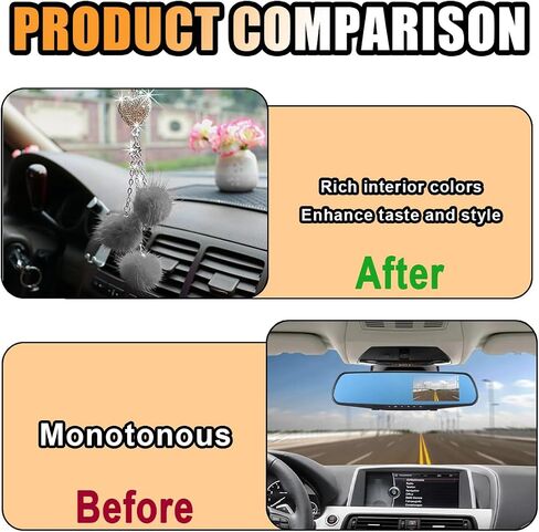 Glamorous Bling Car Accessories Diamond Heart & Fluffy Ball Charm for Women - Crystal Rhinestone Car Rear View Mirror Charm Lucky Car Mirror Hanging Ornament Pendant Decor, Valentine's Day Gifts in Saudi Arabia