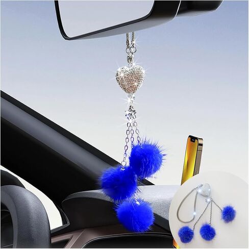 Glamorous Bling Car Accessories Diamond Heart & Fluffy Ball Charm for Women - Crystal Rhinestone Car Rear View Mirror Charm Lucky Car Mirror Hanging Ornament Pendant Decor, Valentine's Day Gifts in Saudi Arabia
