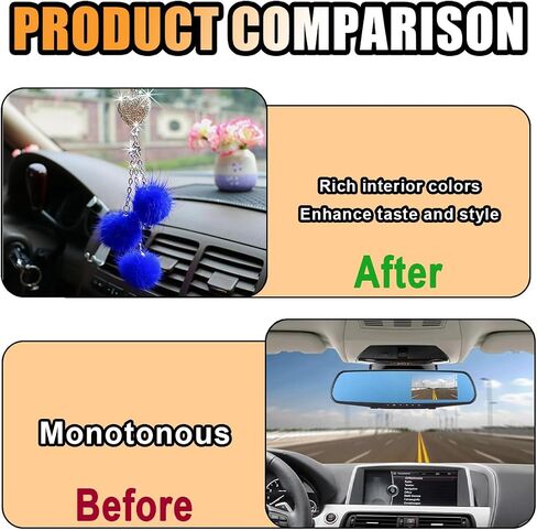 Glamorous Bling Car Accessories Diamond Heart & Fluffy Ball Charm for Women - Crystal Rhinestone Car Rear View Mirror Charm Lucky Car Mirror Hanging Ornament Pendant Decor, Valentine's Day Gifts in Saudi Arabia