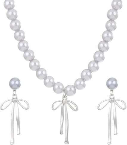 3PCS Silver Pearl Bow Necklace Bow Stud Earrings Jewelry Set for Women,Cute Bowknot Pearl Choker Necklace Stud Drop Earrings Bow Bracelet Set Gifts in Saudi Arabia