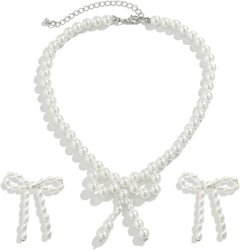 3PCS Silver Pearl Bow Necklace Bow Stud Earrings Jewelry Set for Women,Cute Bowknot Pearl Choker Necklace Stud Drop Earrings Bow Bracelet Set Gifts in Saudi Arabia