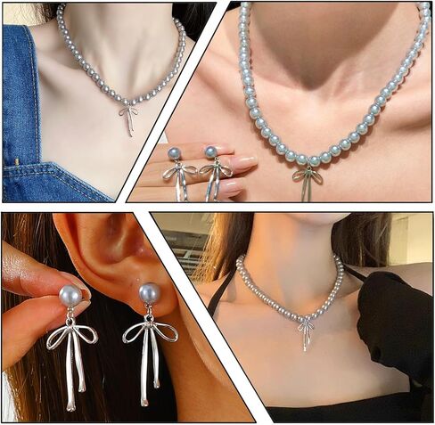 3PCS Silver Pearl Bow Necklace Bow Stud Earrings Jewelry Set for Women,Cute Bowknot Pearl Choker Necklace Stud Drop Earrings Bow Bracelet Set Gifts in Saudi Arabia