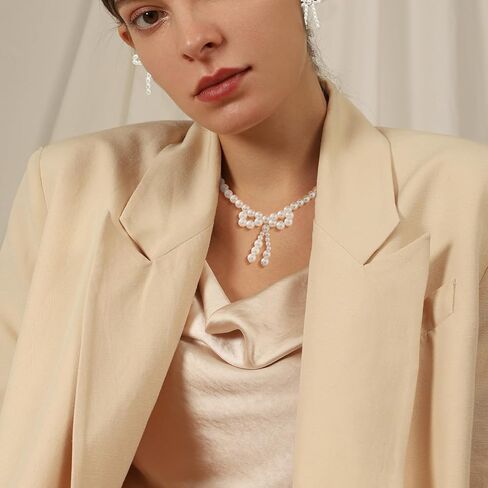 3PCS Silver Pearl Bow Necklace Bow Stud Earrings Jewelry Set for Women,Cute Bowknot Pearl Choker Necklace Stud Drop Earrings Bow Bracelet Set Gifts in Saudi Arabia
