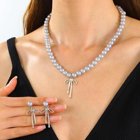 3PCS Silver Pearl Bow Necklace Bow Stud Earrings Jewelry Set for Women,Cute Bowknot Pearl Choker Necklace Stud Drop Earrings Bow Bracelet Set Gifts in Saudi Arabia