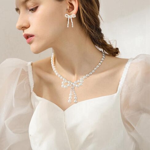 3PCS Silver Pearl Bow Necklace Bow Stud Earrings Jewelry Set for Women,Cute Bowknot Pearl Choker Necklace Stud Drop Earrings Bow Bracelet Set Gifts in Saudi Arabia