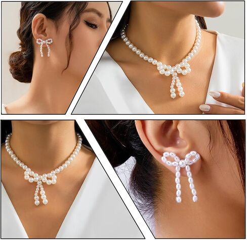 3PCS Silver Pearl Bow Necklace Bow Stud Earrings Jewelry Set for Women,Cute Bowknot Pearl Choker Necklace Stud Drop Earrings Bow Bracelet Set Gifts in Saudi Arabia