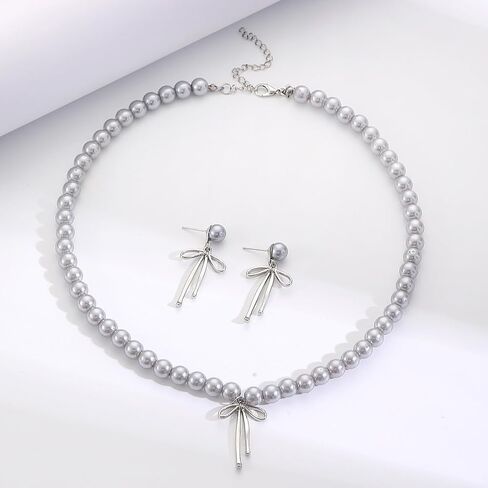 3PCS Silver Pearl Bow Necklace Bow Stud Earrings Jewelry Set for Women,Cute Bowknot Pearl Choker Necklace Stud Drop Earrings Bow Bracelet Set Gifts in Saudi Arabia