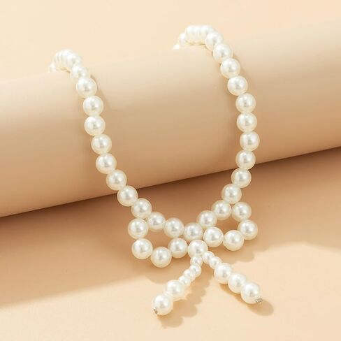 3PCS Silver Pearl Bow Necklace Bow Stud Earrings Jewelry Set for Women,Cute Bowknot Pearl Choker Necklace Stud Drop Earrings Bow Bracelet Set Gifts in Saudi Arabia