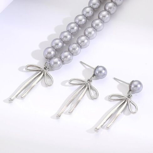 3PCS Silver Pearl Bow Necklace Bow Stud Earrings Jewelry Set for Women,Cute Bowknot Pearl Choker Necklace Stud Drop Earrings Bow Bracelet Set Gifts in Saudi Arabia