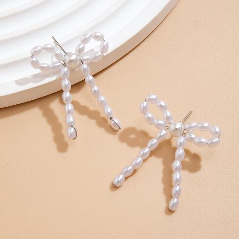 3PCS Silver Pearl Bow Necklace Bow Stud Earrings Jewelry Set for Women,Cute Bowknot Pearl Choker Necklace Stud Drop Earrings Bow Bracelet Set Gifts in Saudi Arabia