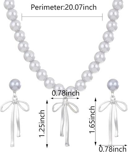 3PCS Silver Pearl Bow Necklace Bow Stud Earrings Jewelry Set for Women,Cute Bowknot Pearl Choker Necklace Stud Drop Earrings Bow Bracelet Set Gifts in Saudi Arabia