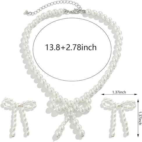 3PCS Silver Pearl Bow Necklace Bow Stud Earrings Jewelry Set for Women,Cute Bowknot Pearl Choker Necklace Stud Drop Earrings Bow Bracelet Set Gifts in Saudi Arabia