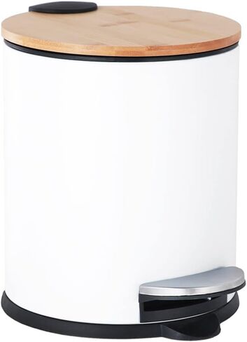 SIDIANBAN Small Bathroom Trash Can with Bamboo Lid Soft Close and Foot Pedal, 1.3Gal/5L Round Garbage Can with Removable Inner Wastebasket for Bedroom, Powder Room, Craft Room, Office, Kitchen, White in Saudi Arabia