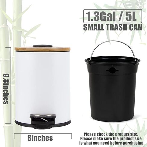 SIDIANBAN Small Bathroom Trash Can with Bamboo Lid Soft Close and Foot Pedal, 1.3Gal/5L Round Garbage Can with Removable Inner Wastebasket for Bedroom, Powder Room, Craft Room, Office, Kitchen, White in Saudi Arabia