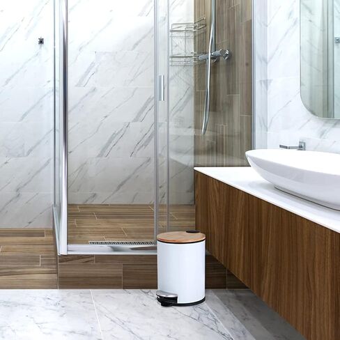 SIDIANBAN Small Bathroom Trash Can with Bamboo Lid Soft Close and Foot Pedal, 1.3Gal/5L Round Garbage Can with Removable Inner Wastebasket for Bedroom, Powder Room, Craft Room, Office, Kitchen, White in Saudi Arabia
