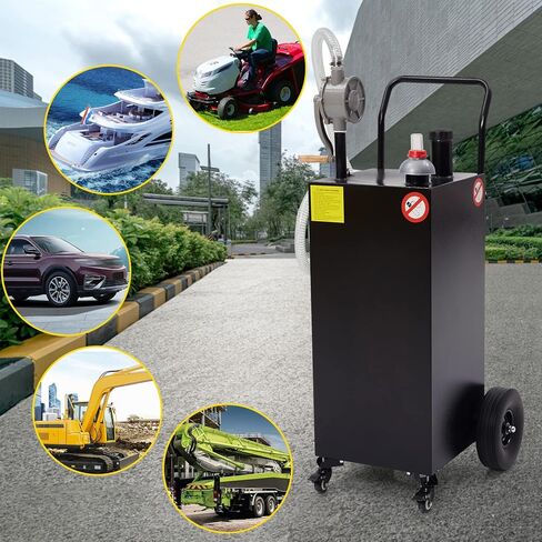 علبة غاز سعة 35 جالونًا مع مضخة نقل يدوية، وخزان تخزين الوقود، وحاوية وقود ديزل بنزين بأربعة عجلات لسيارة ATV، وجزازات السيارات، والجرارات، والدراجات النارية (أسود) in Kuwait