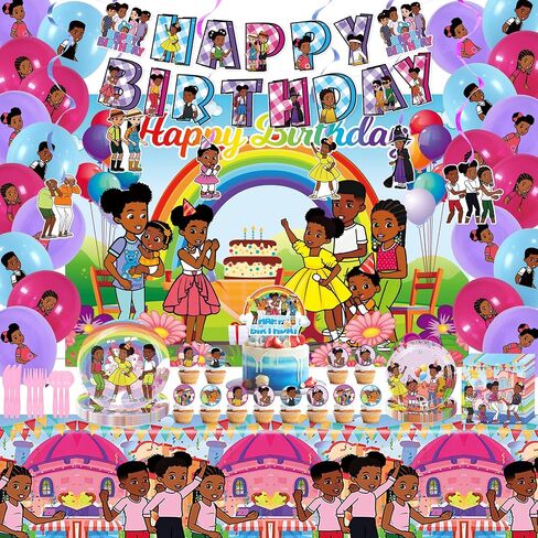 Kids Cartoon Birthday Party Supplies Decorations - Kids Party Decor Set include Backdrop, Banner, Hanging Swirls, Latex Balloons, Tablecloth, Plates, Napkins, Cake Topper, Knives, Forks, Spoons in Saudi Arabia
